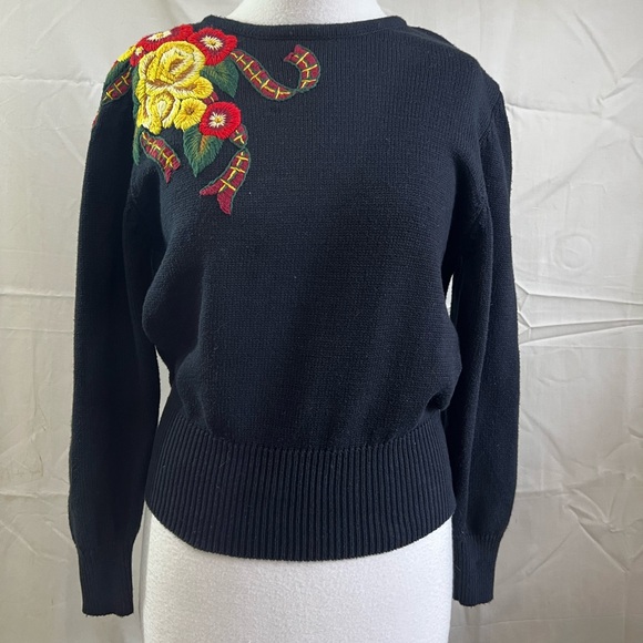 Vintage Bechamel Floral  Embroidered Black Sweater size M - Picture 3 of 11